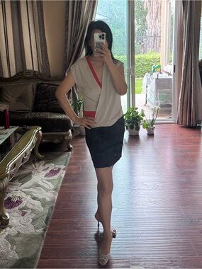 Diane Von Furstenberg Cream and Black Wrap Blouse